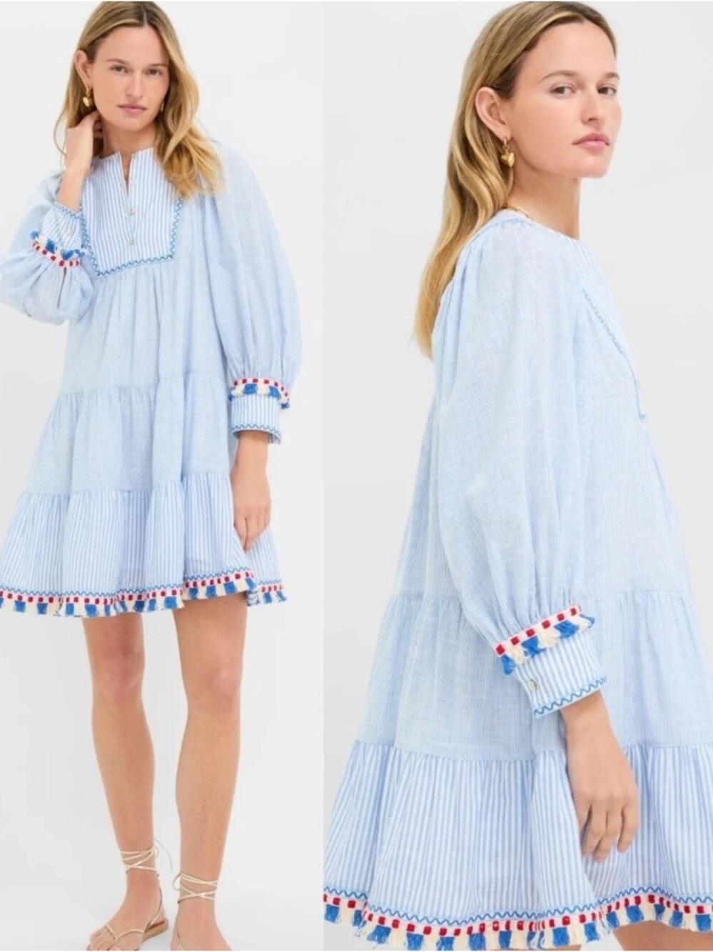 Tuckernuck Jen Dress XL NWT Chambray Blue Stripe Fringe Tassel Cotton Tiered - Picture 6 of 16